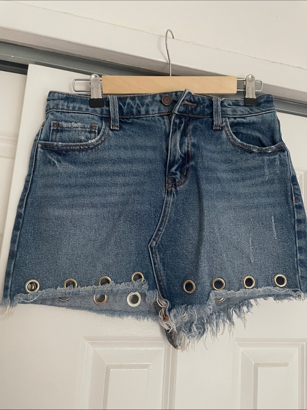 Cello Blue Denim Mini Skirt with Grommet Hem
